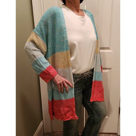 Lane Bryant Cardi jacket Aqua Coral Yellow Color Block BoHo Classic Sz 26/28 NWT - Picture 2 of 8